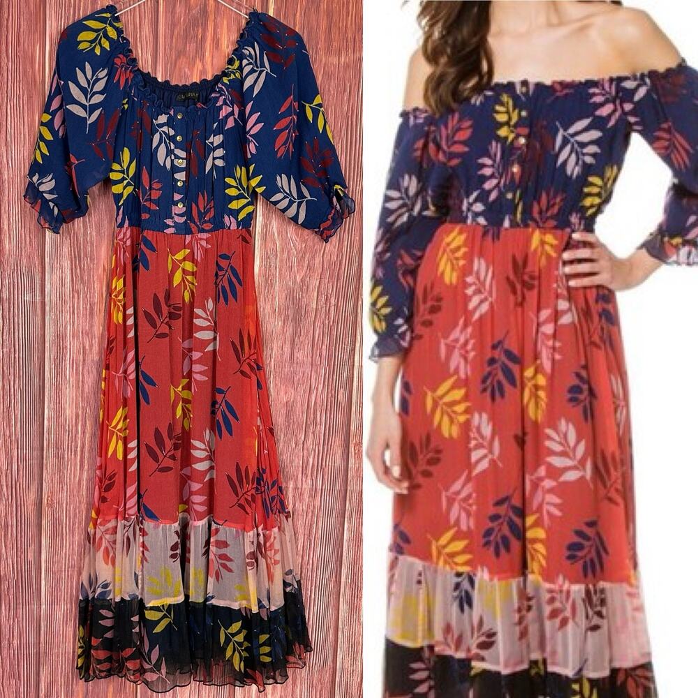 Carolina K Alexa Off-the-Shoulder Maxi Dress XS‎ Tiered Multicolor Boho
